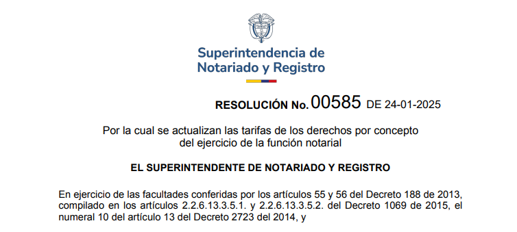 ACTUALIZACIÓN TARIFAS NOTARIALES 2025 - RESOLUCIÓN 00585
